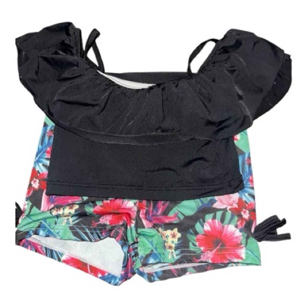 SHEIN Black Floral Ruffle Tankini Set